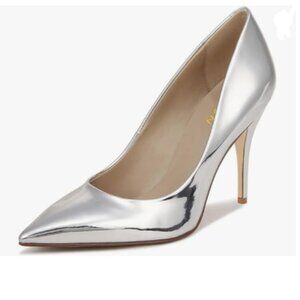 YDN Silver Pointed Closed Toe Mid Heel Pumps Slip on Slide Dress Shoe